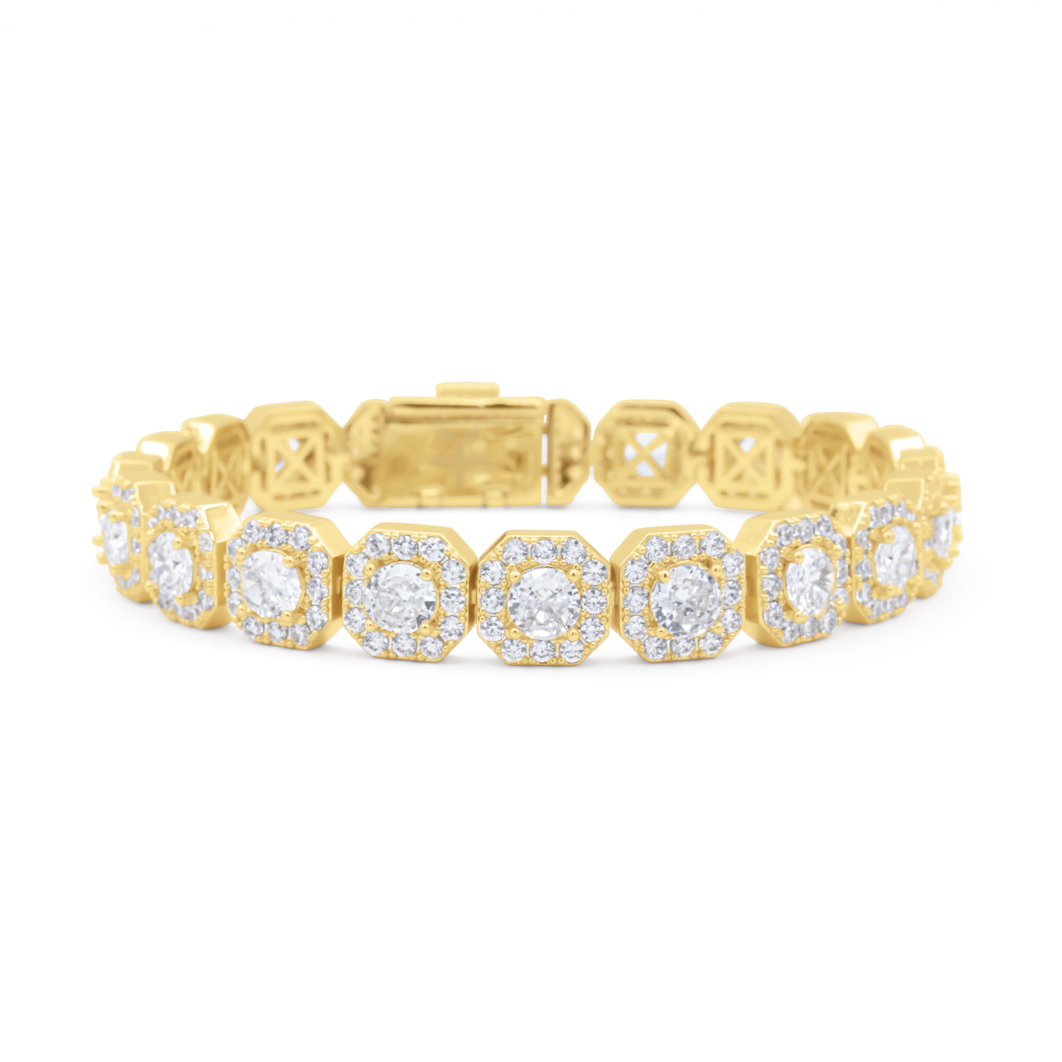 Gold bracelet with clear gemstones on a white background-10mm-Tennis-J.Collins 