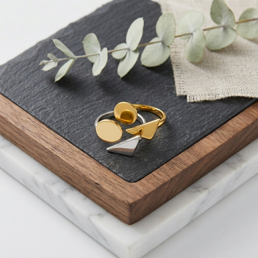 Dual geometric band featuring gold and silver shapes on slate with eucalyptus accent, ideal for modern styling