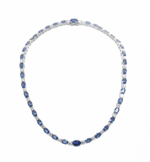 White gold oval blue sapphire and diamond alternating tennis necklace, white background  - 14K White Gold Lab Sapphire Necklace by J.Collins Jewelry 