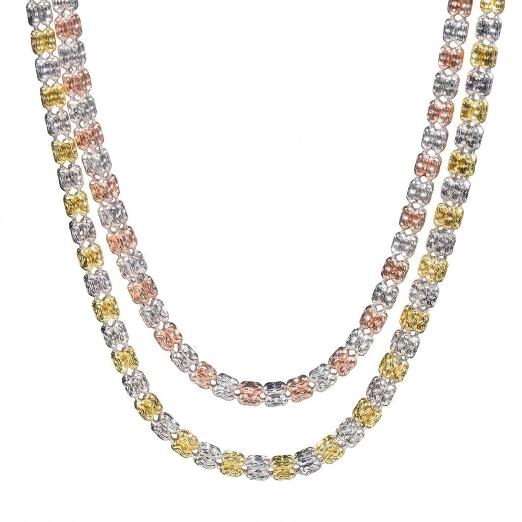 Italian two-tone bead necklace in silver, gold, and rose tones with a classic, elegant style