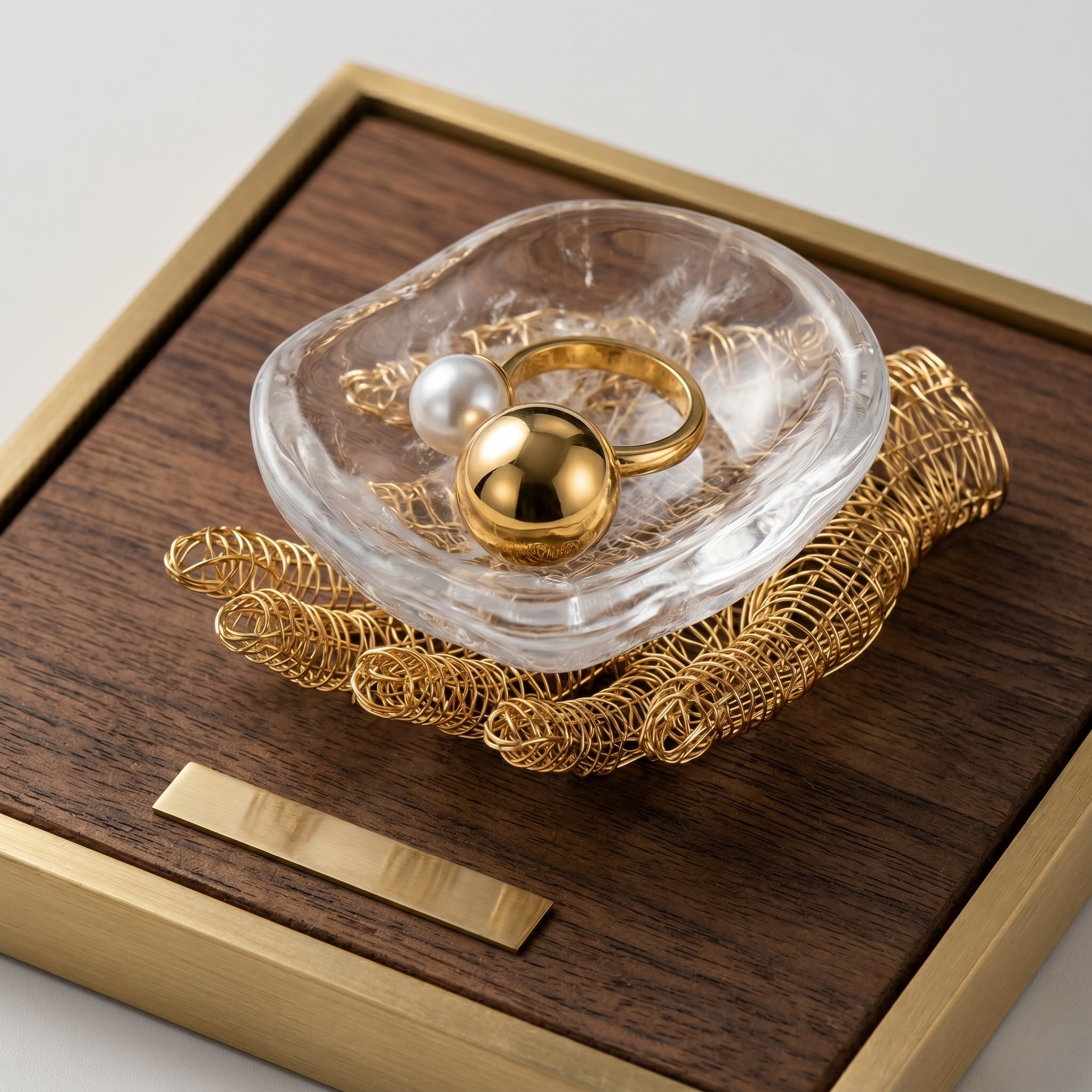 Gold ring with polished pearl and spherical bead on glass dish, showcased on wire hand sculpture and wooden base.
