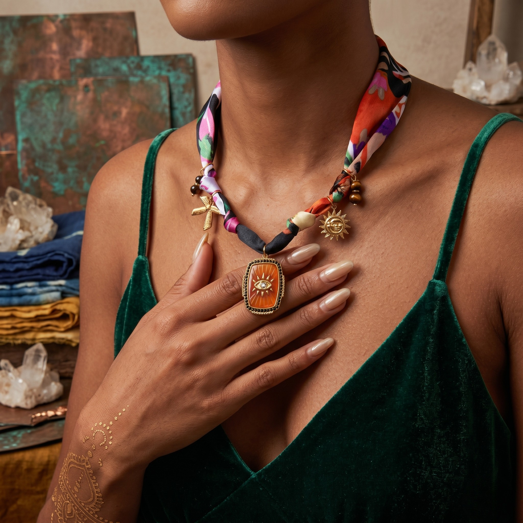 Woman wearing colorful scarf collar necklace with charms and an ornate orange gemstone ring against a green velvet dress.