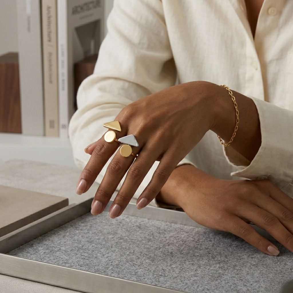 Gold and silver dual geometric ring on hand with light skin, featuring circular and triangular designs, lifestyle context.