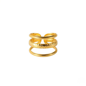Gold triple-band ring in a hammered, open style design