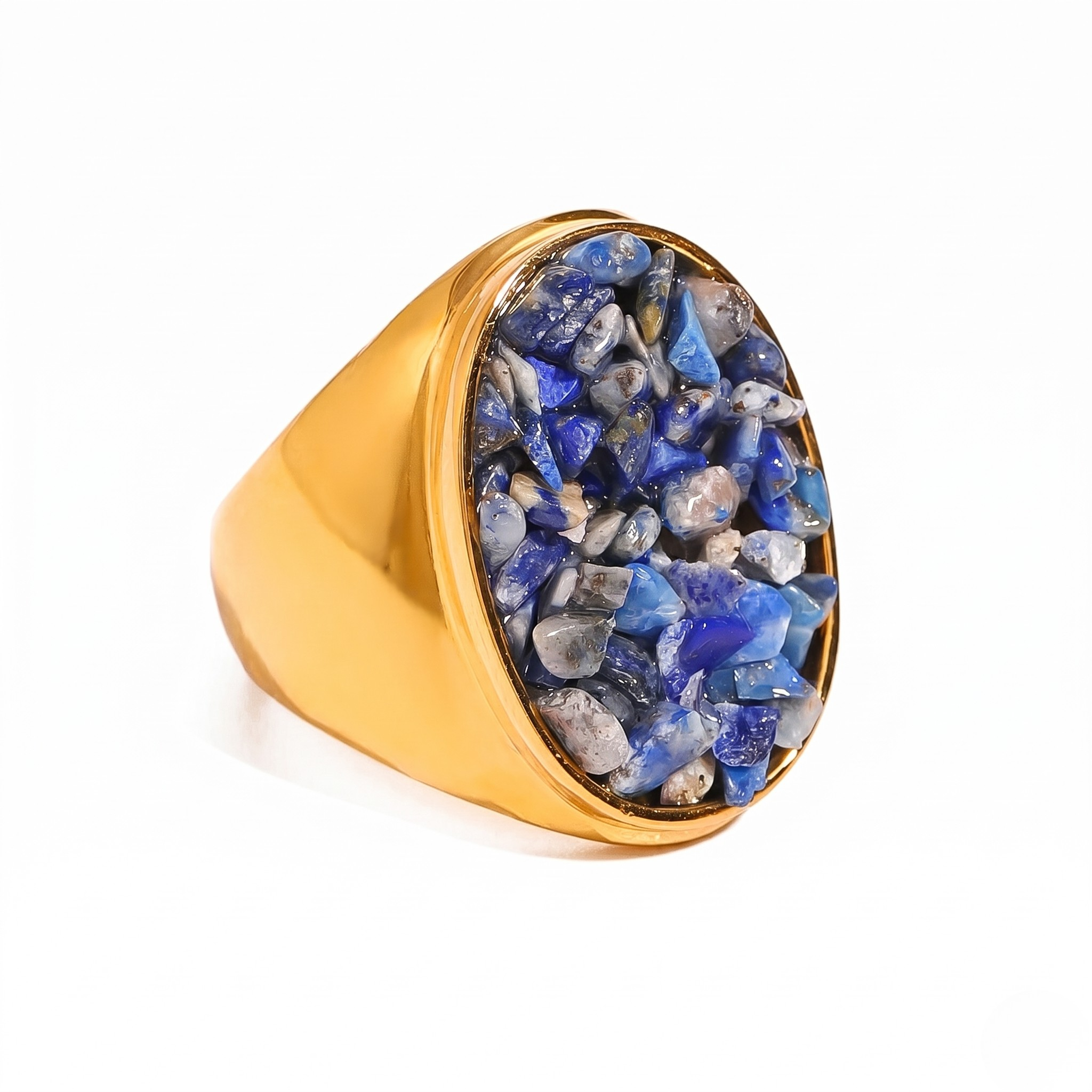 Gold ring with blue and gray stone chips, bold and textured design.