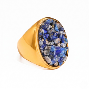 Gold ring with blue and gray stone chips, bold and textured design.