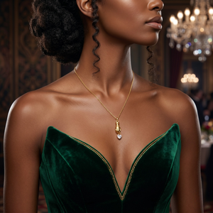 Gold necklace with heart stone charm worn on a woman in a green dress, elegant ballroom setting in background.