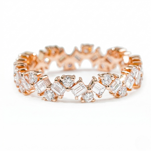 18K rose gold ring with baguette and round lab diamonds in a continuous, intricate design