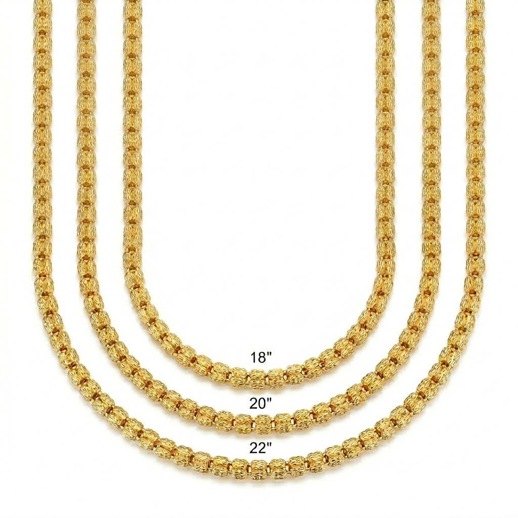 Vermeil gold link necklaces in 18", 20", and 22" lengths with 4mm beads, displayed against a white background.
