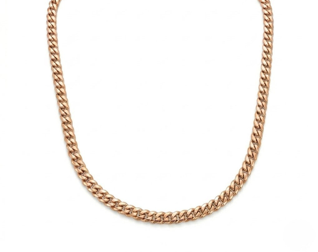 Miami Cuban link necklace in rose gold, 5mm chain, on white background.