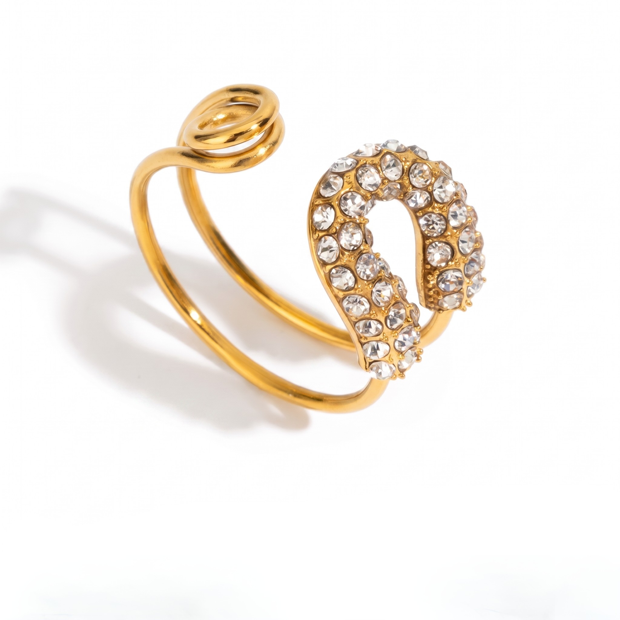 Gold open ring with swirling band and rhinestone-studded crescent design, J.Collins Jewelry's Celestial Sparkle Ring