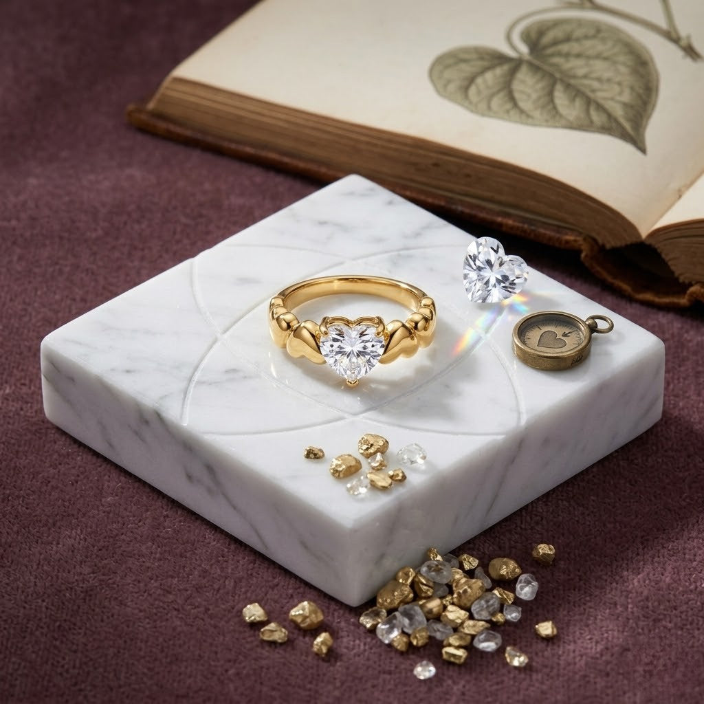 Gold ring with heart-shaped solitaire diamond on marble, surrounded by gemstones and vintage book.