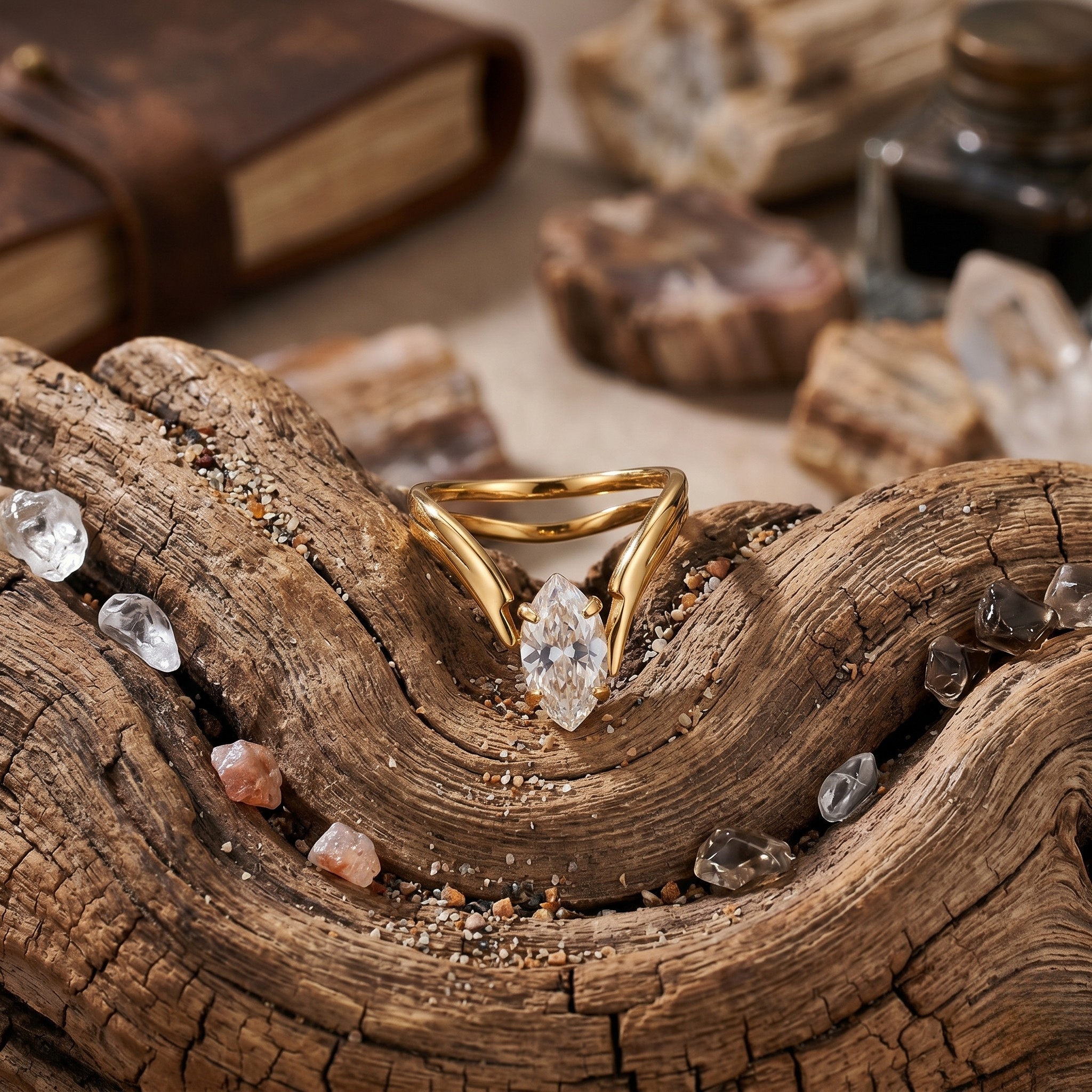 Gold marquise ring on twisted wood with scattered gemstones in a rustic setting