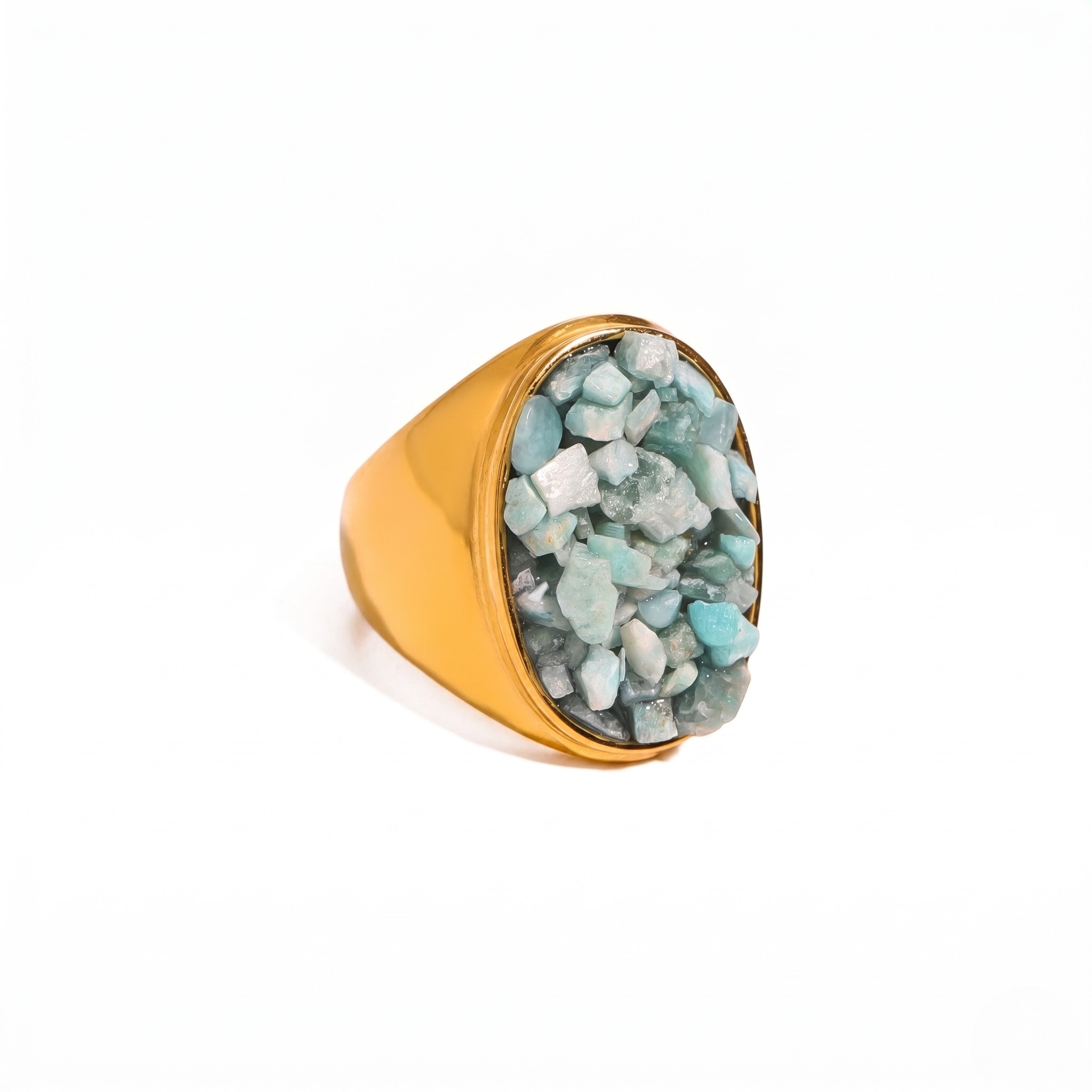 Gold ring with raw blue-green quartz gemstones, oval design