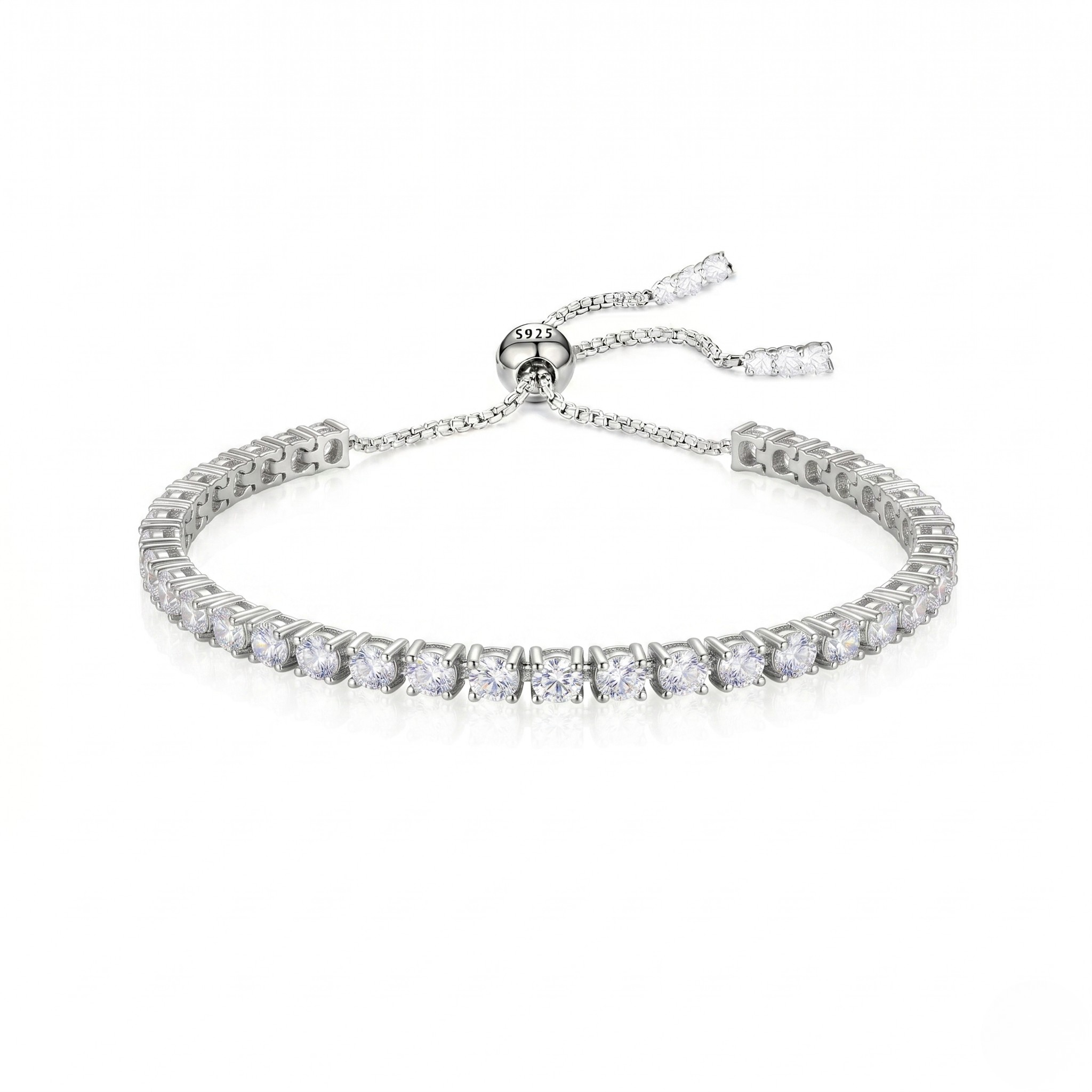 Silver slider tennis bracelet with round cubic zirconia stones and adjustable chain clasp.