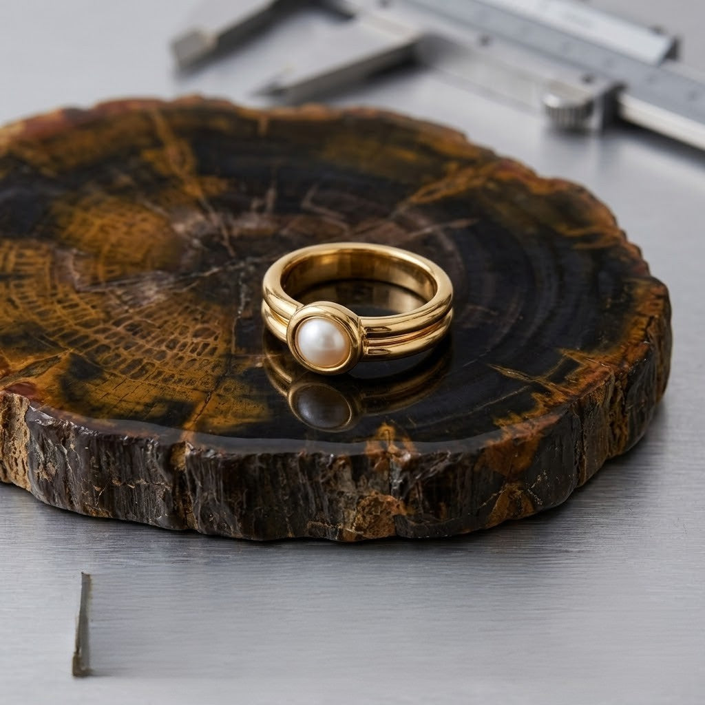 Gold ring with pearl inset on decorative wooden base, calipers in background
