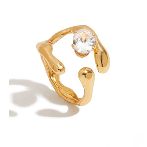 Gold kinetic ring with crystal centerpiece, abstract design, no model context