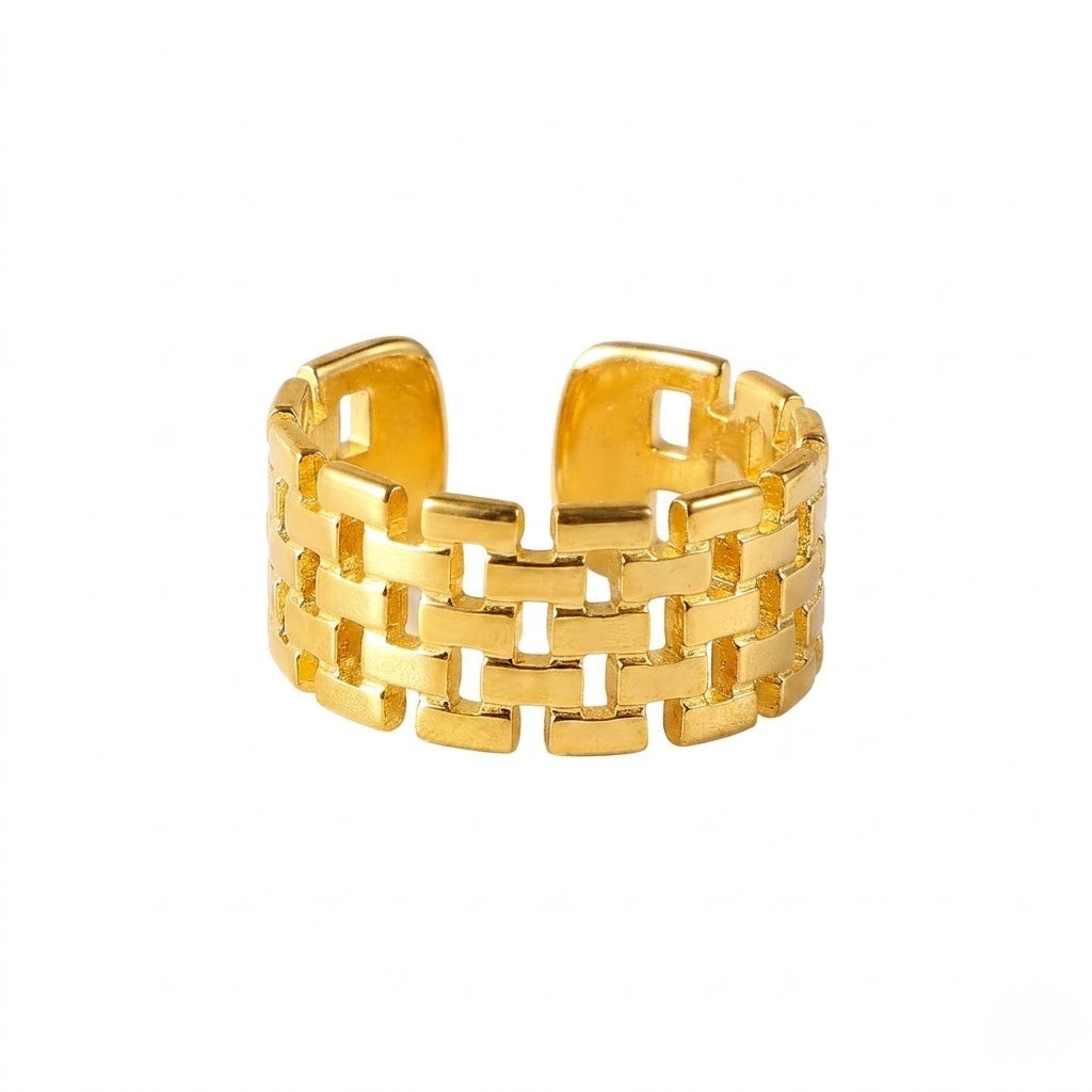 Gold woven brick pattern ring with adjustable open design
