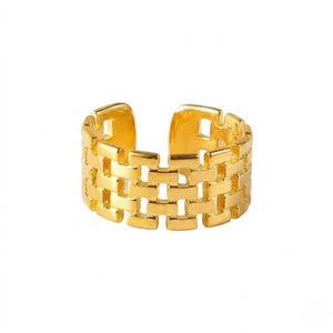 Gold woven brick pattern ring with adjustable open design