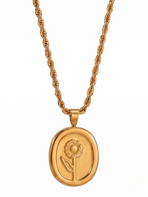 Gold sunflower rope chain pendant with engraved flower design