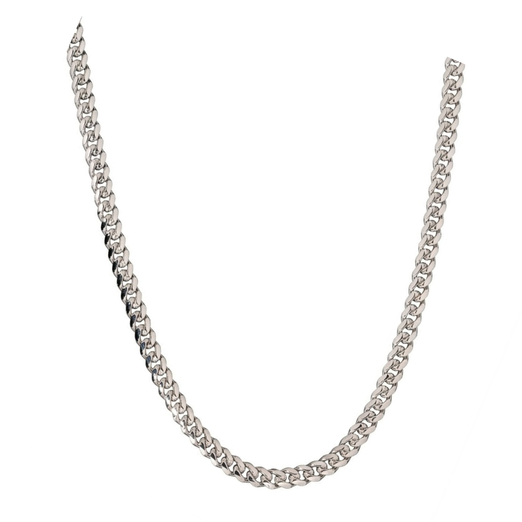 Sleek platinum or sterling silver cuban curb link chain necklace isolated on a white background | J.Collins Jewelry