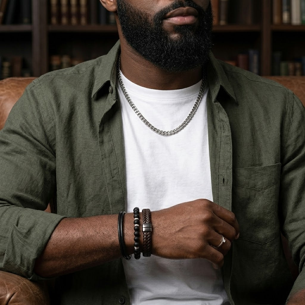 Male model wearing a sterling silver curb link chain necklace styled with stacked leather and beaded bracelets | J.Collins Jewelry