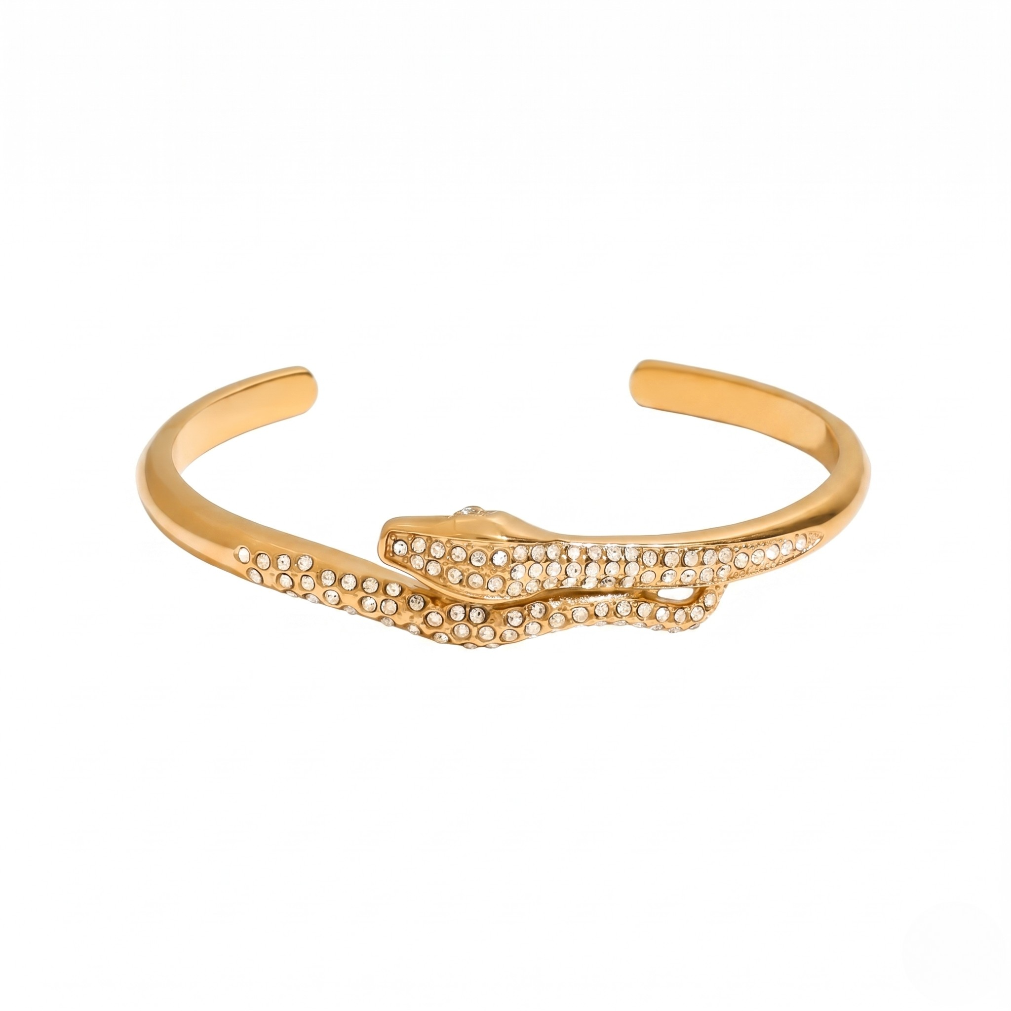 Gold sculptural snake open cuff bracelet with embedded crystals, elegant and stylish design perfect for any occasion
