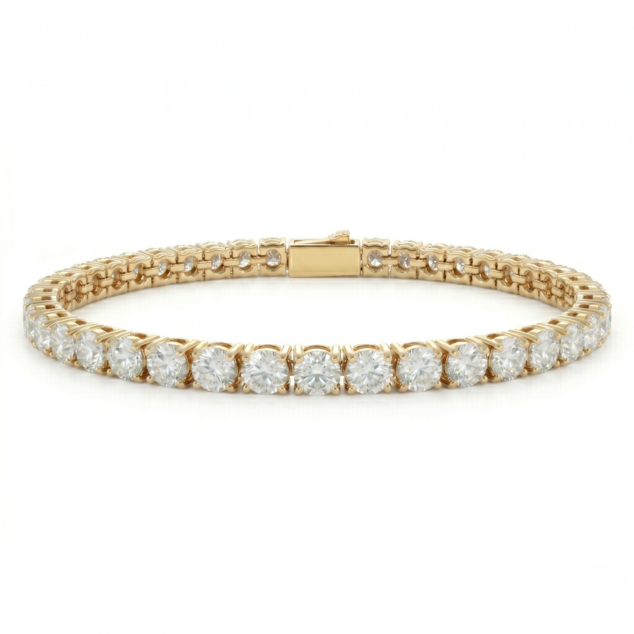 Gold tennis bracelet with 5mm clear stones and secure clasp, elegant and classic style.