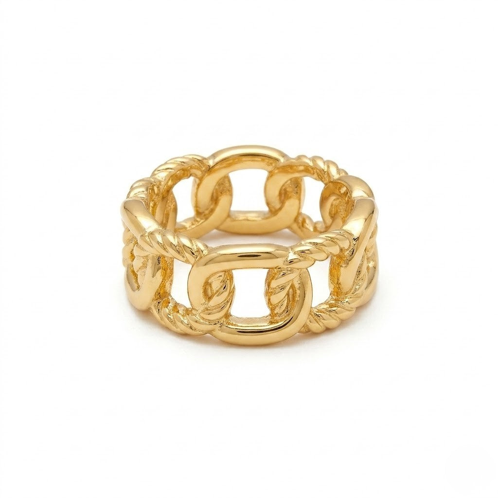 Gold anchor cage ring with chain link design on white background