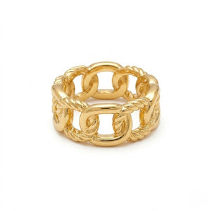 Gold anchor cage ring with chain link design on white background