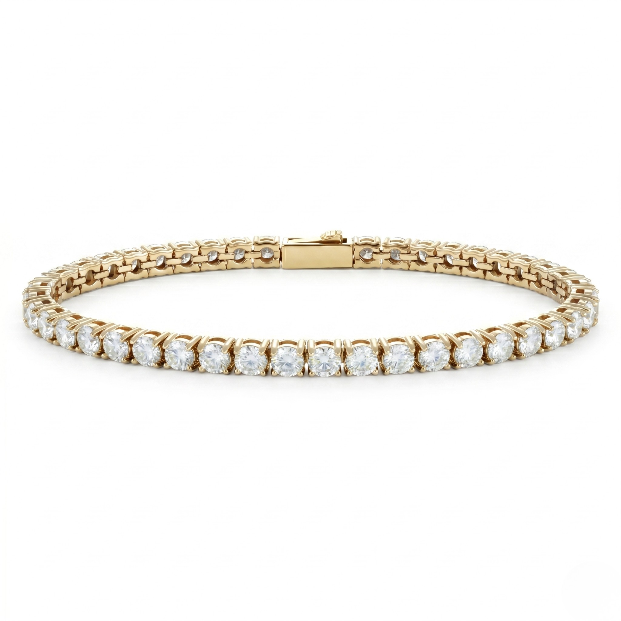 Gold tennis bracelet with 5mm round diamonds in a classic style.