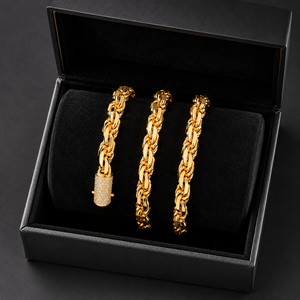 Heavy gold rope bracelet featuring a diamond-encrusted barrel clasp displayed inside a luxury black gift box | J.Collins Jewelry