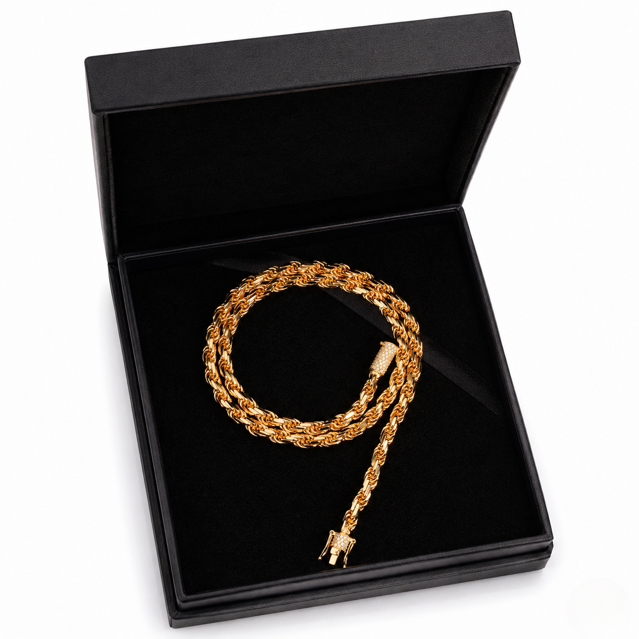 Heavy gold rope bracelet featuring a diamond-encrusted barrel clasp displayed inside a luxury black gift box | J.Collins Jewelry