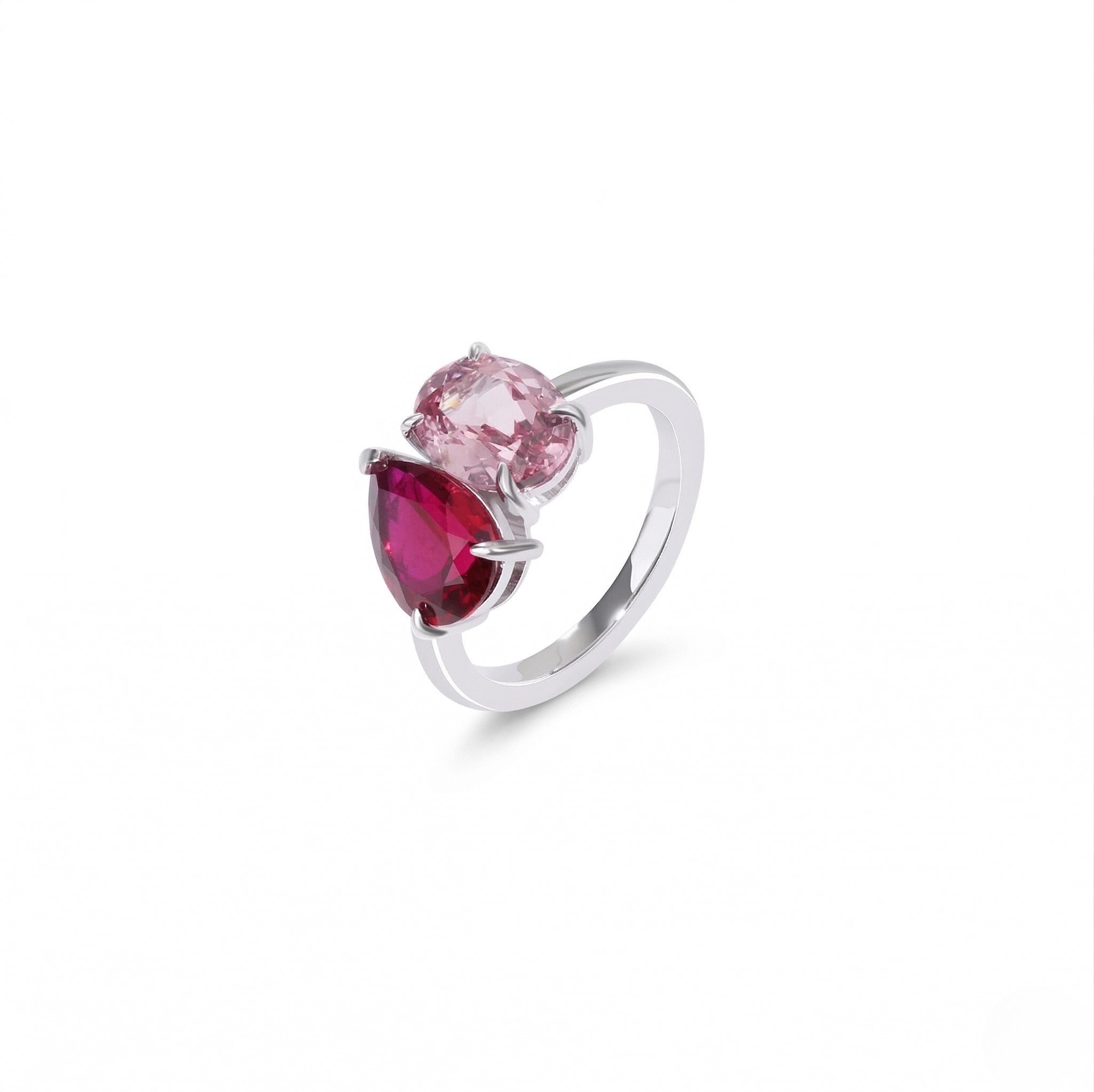 14K white gold ring with lab-created pink and red gemstones