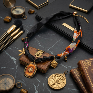 Scarf collar necklace with charms on a black stone background, surrounded by brushes and vintage accessories.