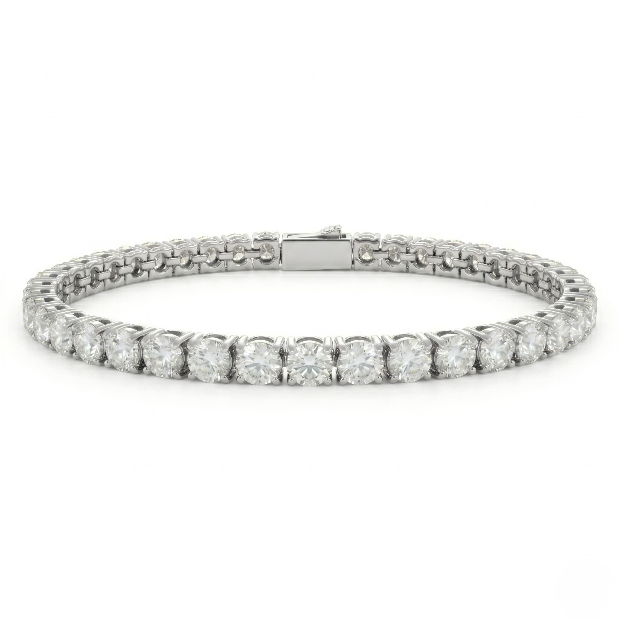 Classic tennis bracelet, 5mm round-cut diamonds, set in white gold, elegant and timeless design.