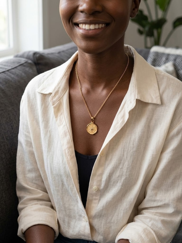 Gold Voyager Coin Pendant on model wearing white shirt, sitting on a sofa, showcasing a stylish, casual look