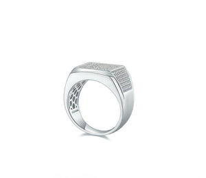 Silver men's signet ring with rectangular top and geometric detail