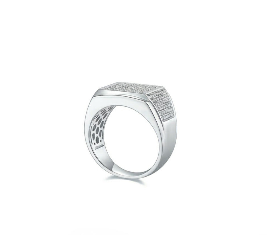Silver men's signet ring with rectangular top and geometric detail