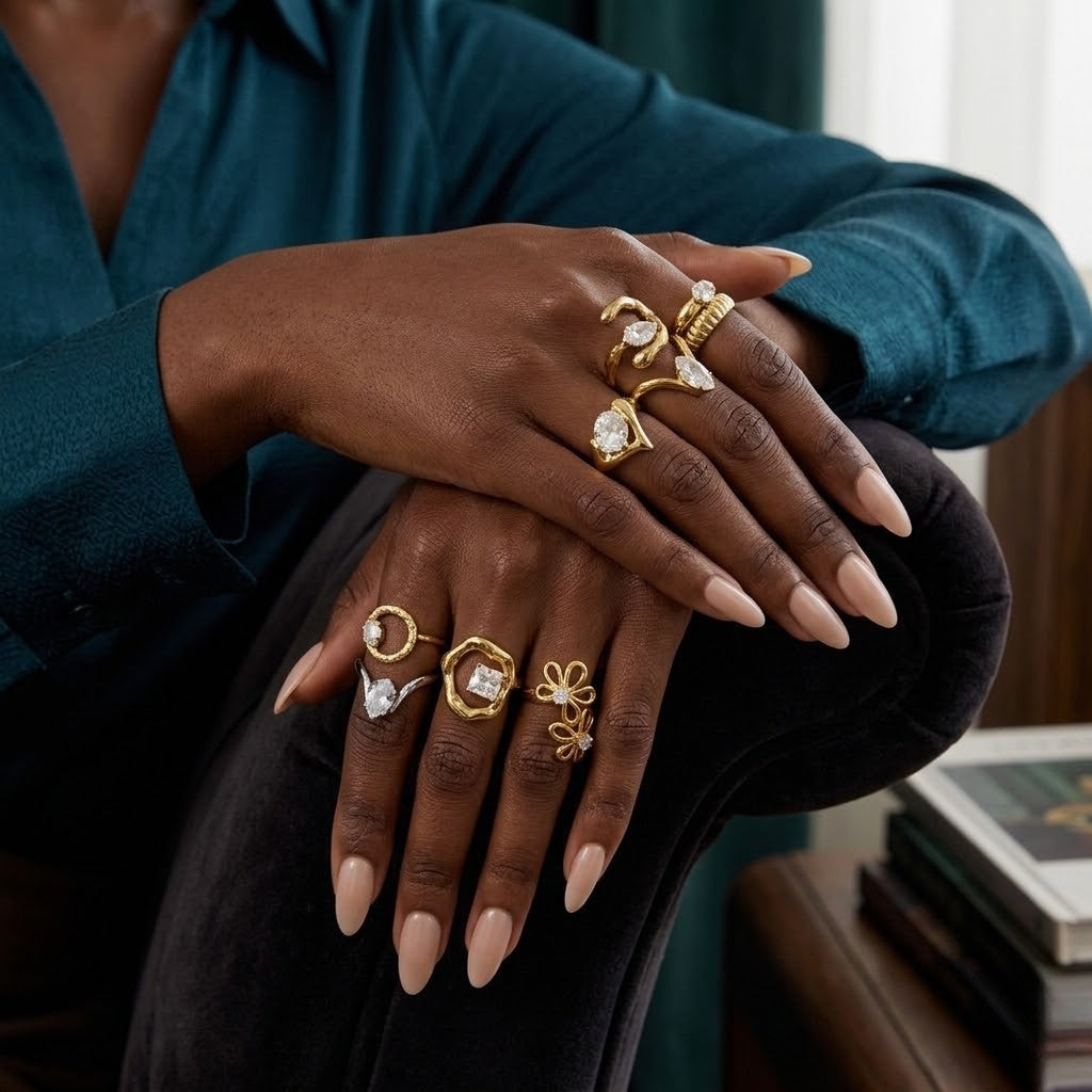 Elegant gold rings with geometric shapes displayed on a model's fingers, styled with a teal blouse and books in background
