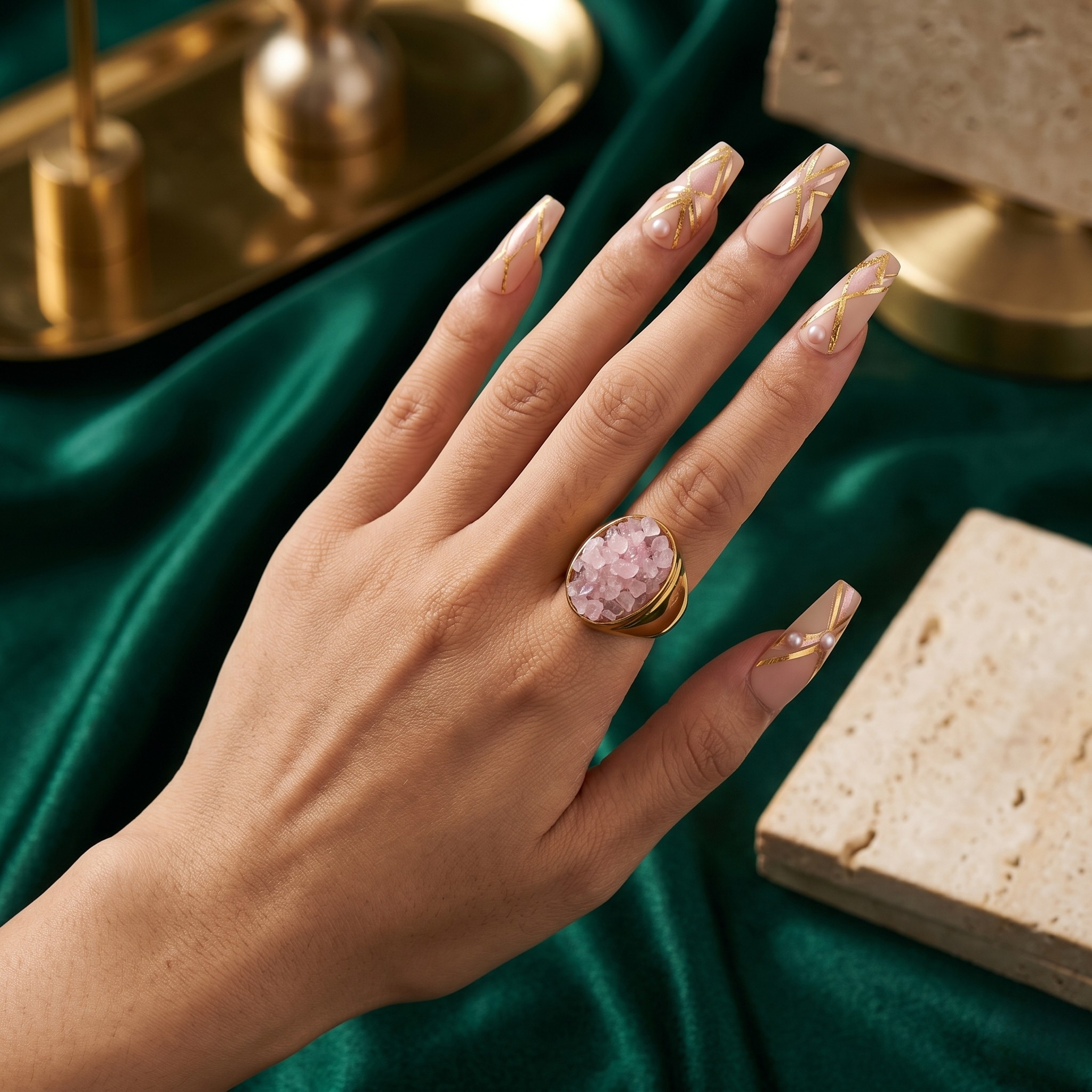 Hand with gold prism inlay ring featuring a large rose quartz stone against a green velvet background.