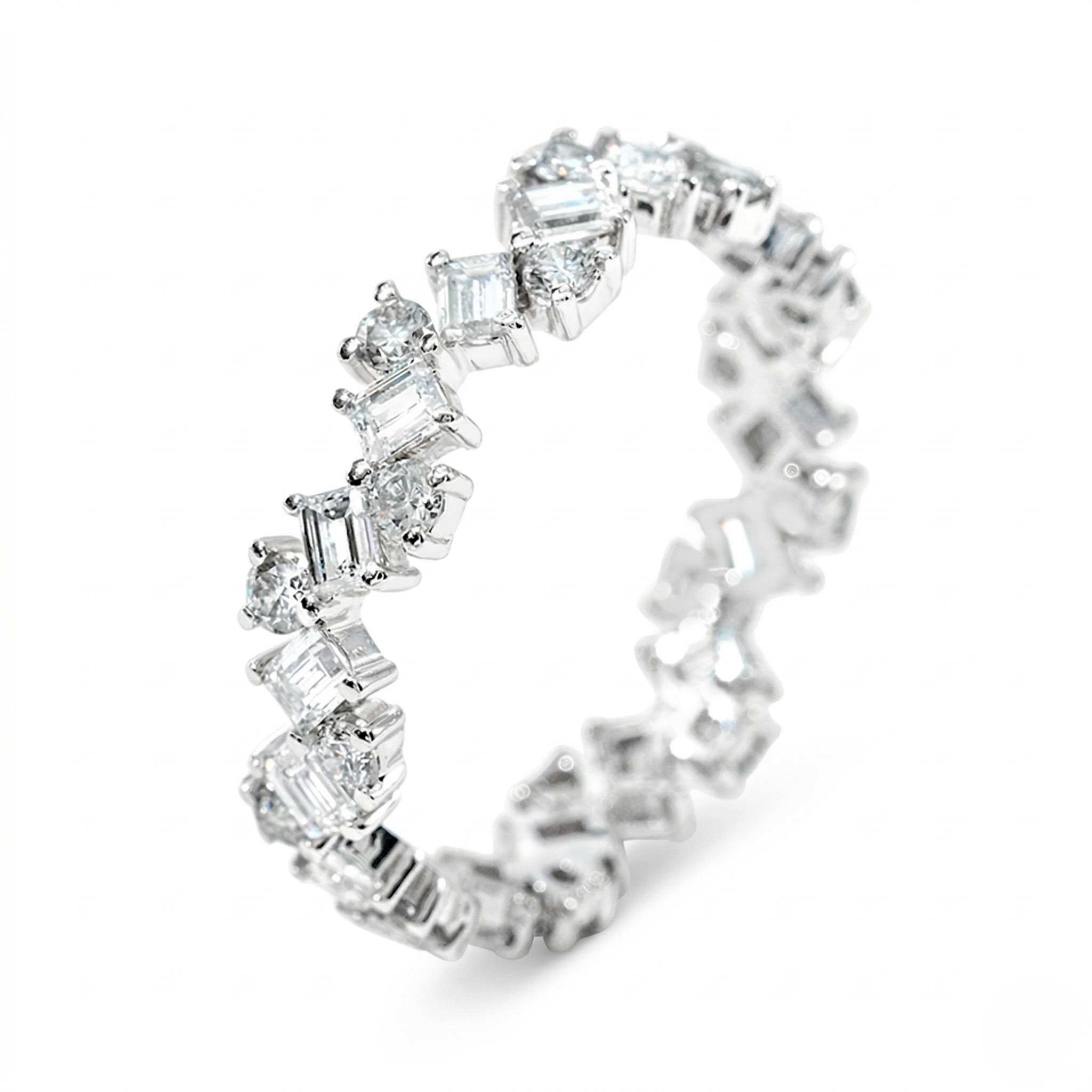 18K white gold lab diamond ring with alternating baguette and round diamonds in a crisscross pattern