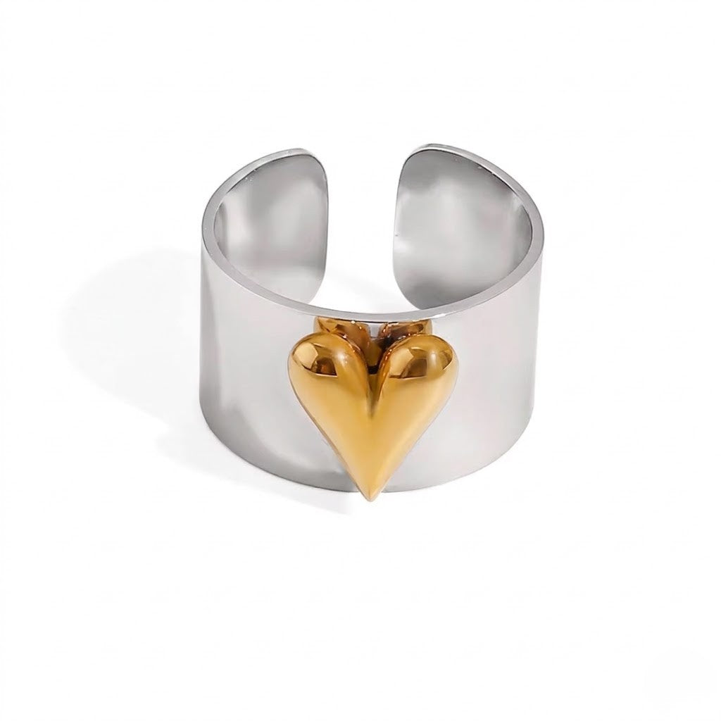 Silver band ring with gold heart accent design, minimalist style, J.Collins Jewelry