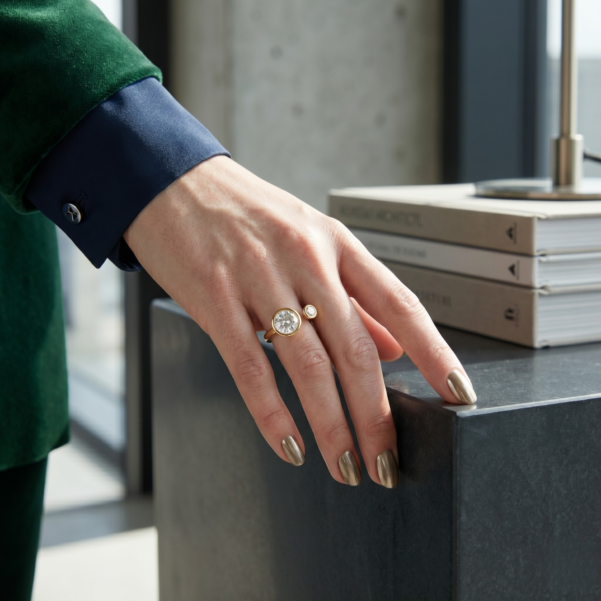 Open steel ring with a large clear gemstone and small gold accent on hand, next to stacked books in a modern setting.