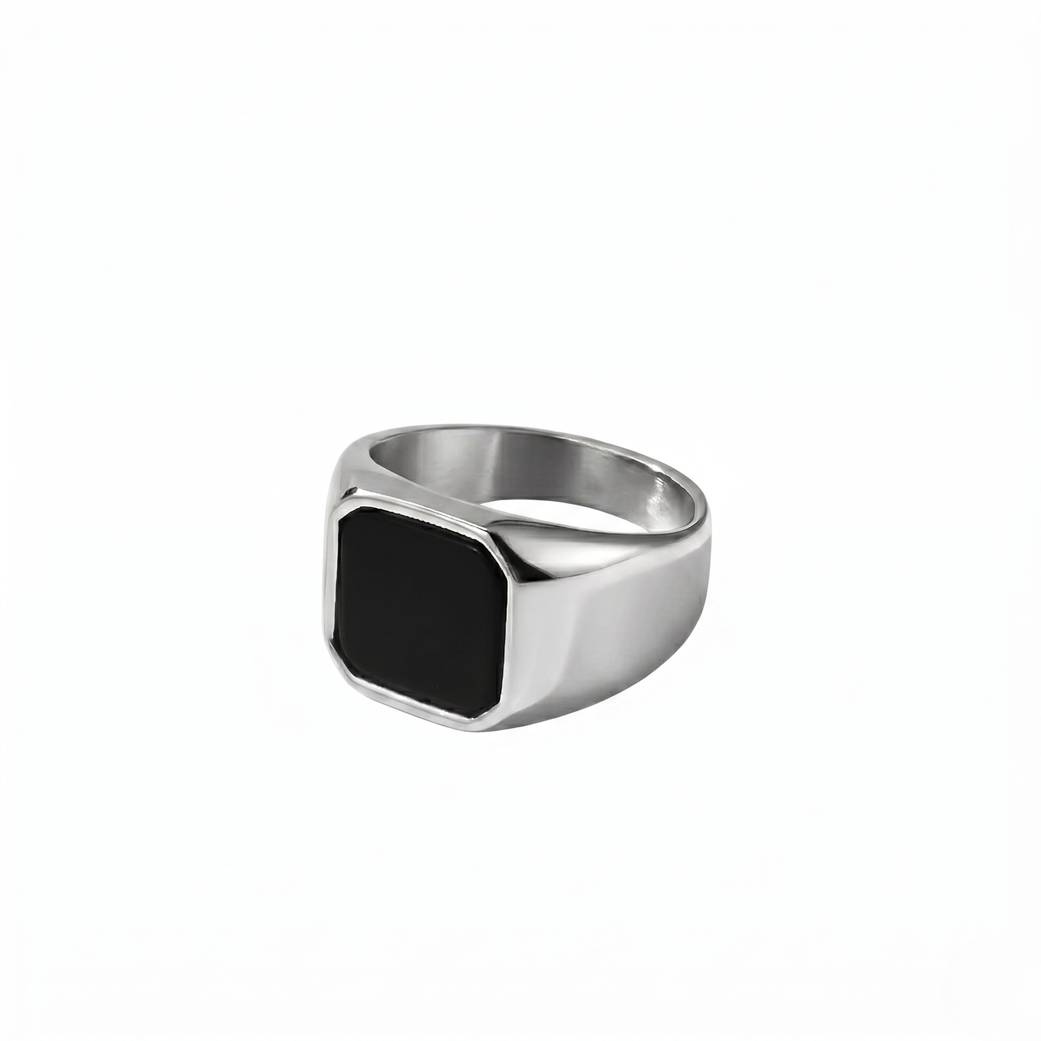 Silver onyx signet ring with black square face, simple design on white background