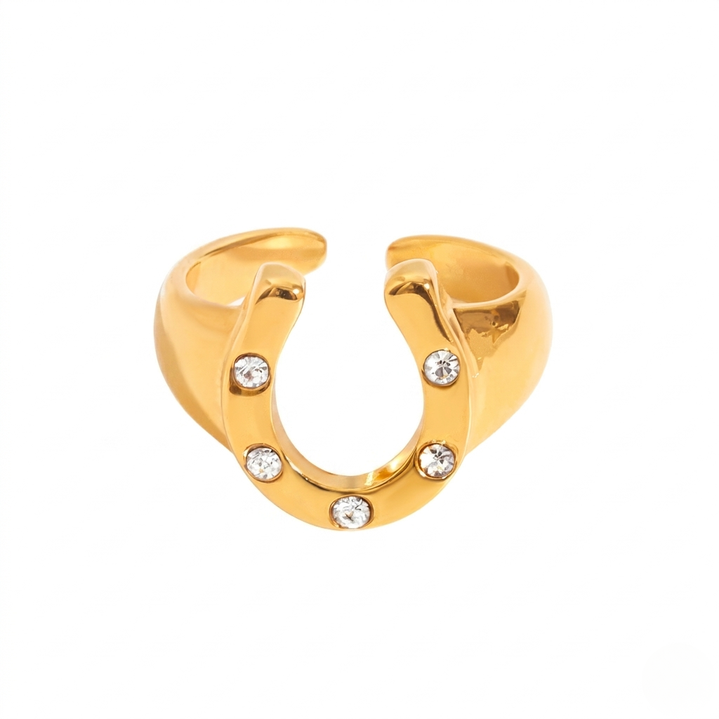 Gold horseshoe ring with clear gemstones, open band design, J.Collins Jewelry