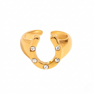 Gold horseshoe ring with clear gemstones, open band design, J.Collins Jewelry