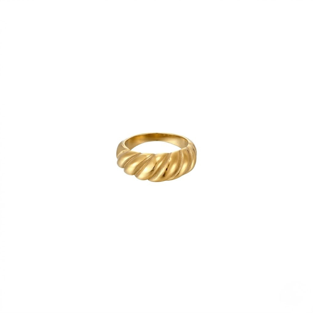 Gold fluted ring with a smooth, twisted design, shown on a white background.