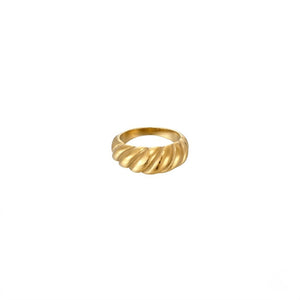 Gold fluted ring with a smooth, twisted design, shown on a white background.
