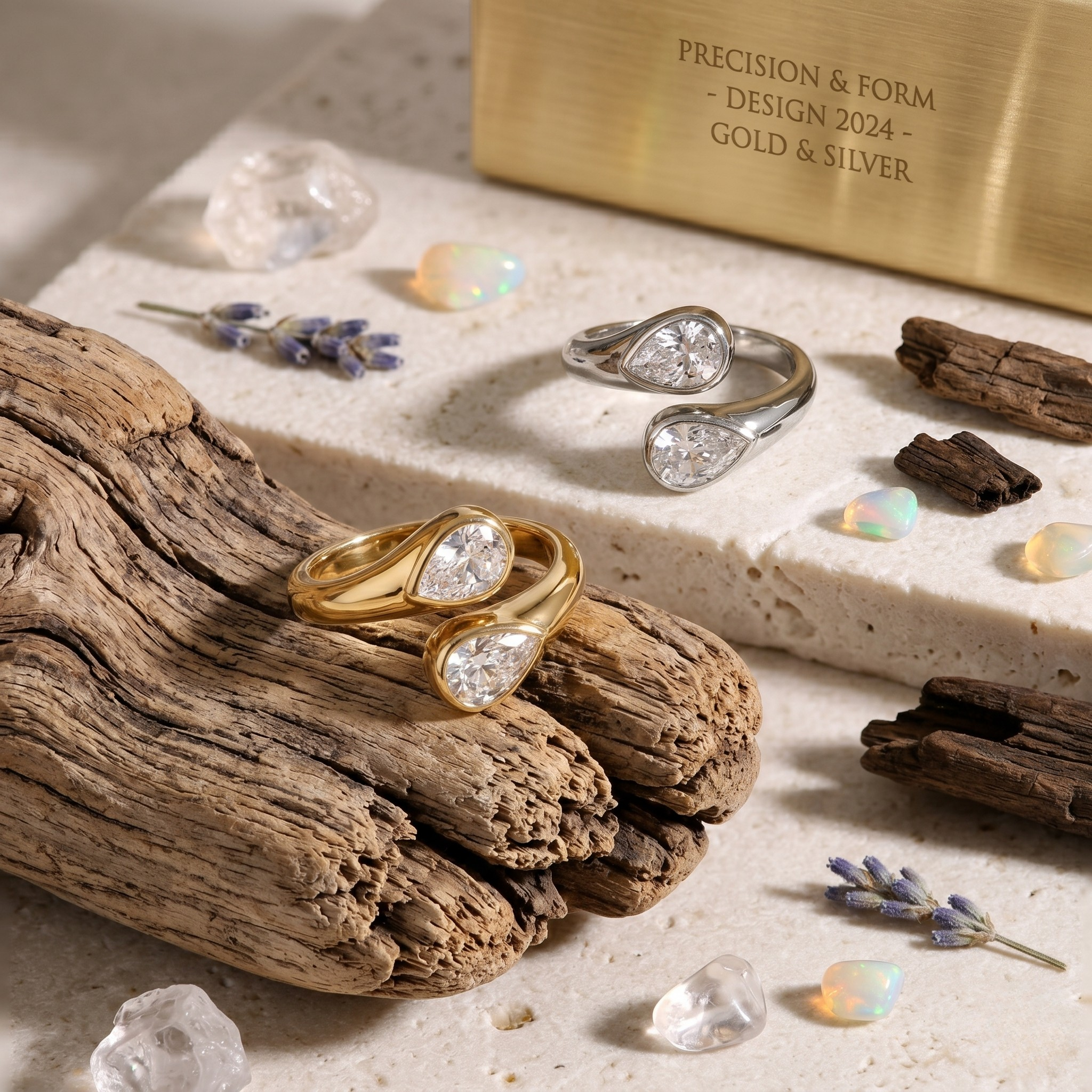 Modern teardrop rings in gold and silver with clear stones, displayed on driftwood with crystals and lavender flowers